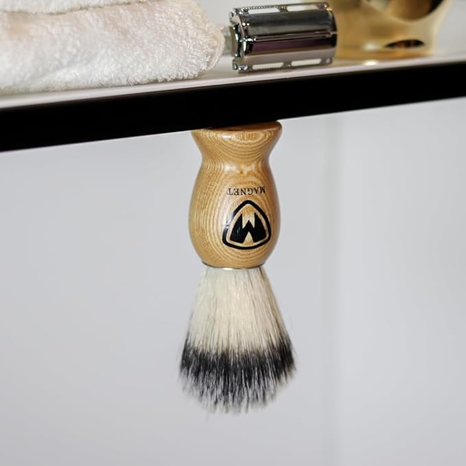 MAGNET Magnetic Shaving Brush for Face and Beard, Wood Handle with a Metal Plate for hanging dry upside down, a Brush Stand Free