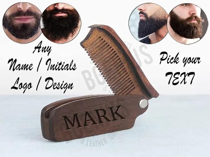 Personalized Beard Comb for Men, Laser Engraved Wooden Folding Hair Comb, Custom Folding Pocket Comb for Moustache Beard & Hair, Premium Handcrafted Wood (Dark Sandal)