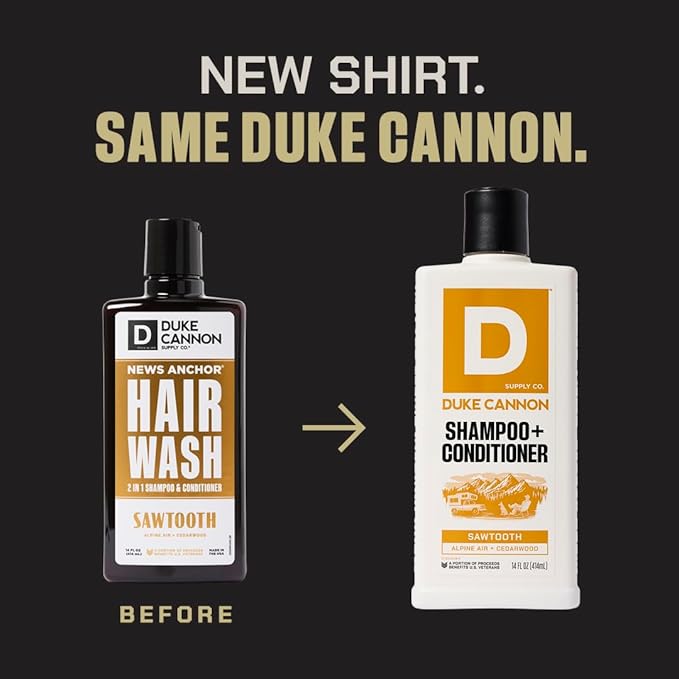 Duke Cannon Supply Co. 2-in-1 Hair Wash - Masculine Scent - Gentle Cleansing Hair Wash For Men - Stimulating Hair Shampoo & Conditioner - Tea Tree & Midnight Swim & Sawtooth- 3 Pack (14 oz)