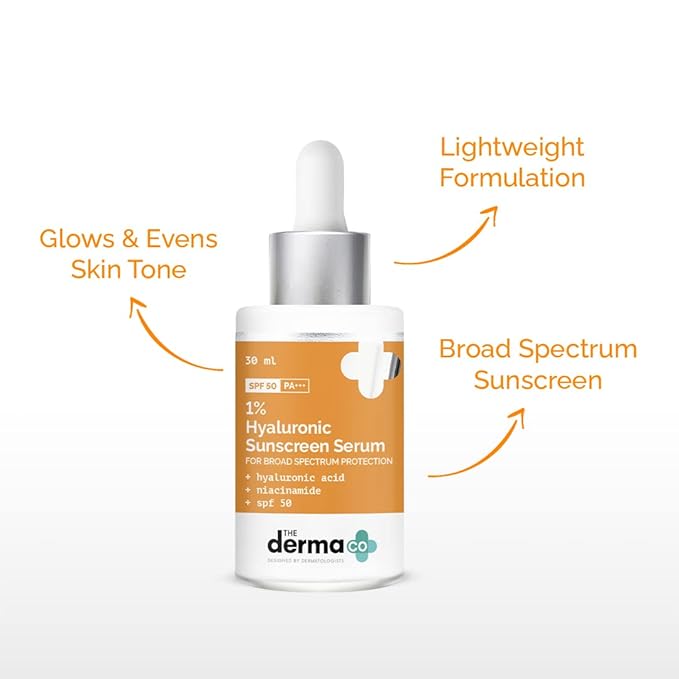 The Derma Co 1% Hyaluronic Acid Sunscreen Serum with SPF 50 & PA+++ | Gives Broad Spectrum Protection & Helps Skin Glow | Lightweight & Non-Greasy Formula | 1.01 Fl Oz/30ml