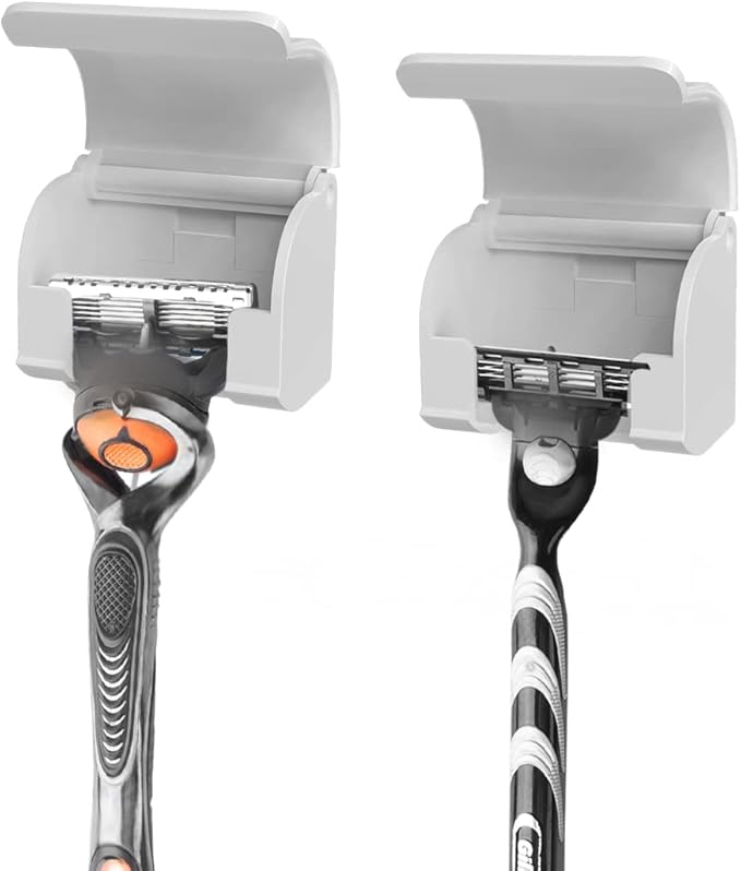 LUEXBOX 2 Pack Plastic Razor Holders With Cover for Shower, Wall Mount Shaver Hook, Self Adhesive Hanger Stands Compatible With Gillette Fusion 5 Proglide, Mach 3 Classic (White)