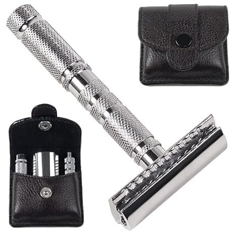 Parker A1R TRAVEL SAFETY RAZOR - Compact 4-Piece Double Edge Safety Razor with Protective Leather Case - Ideal for Everyday Use - Iconic Brand