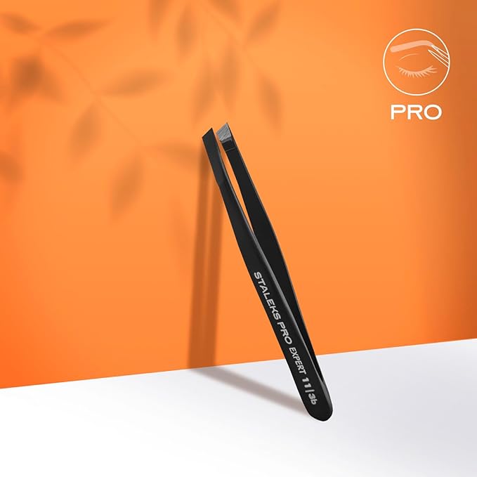 STALEKS PRO Expert 11 Type 3b Professional Eyebrow Tweezers (Black) – Wide Beveled Stainless Steel for Thick Brows & Effective Hair Removal