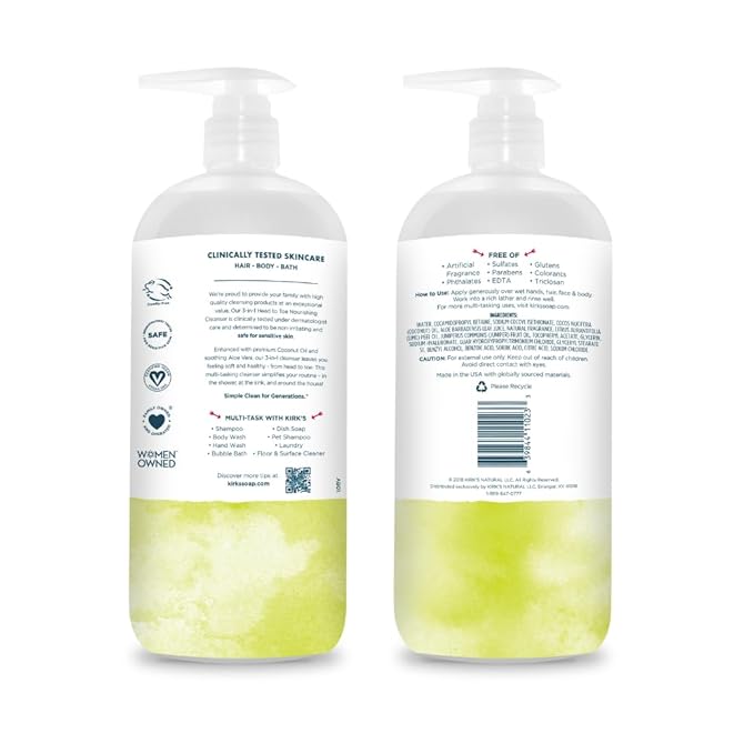 Kirk's 3-in-1 Castile Liquid Soap Travel Size Bar Soap (1.13 oz.) | Head-to-Toe Clean Shampoo, Face Soap & Body Wash for Men, Women & Children | Juniper & Lime Scent | 32 Fl Oz.