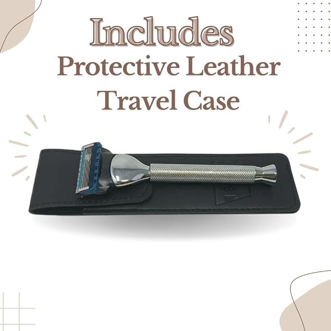 G.B.S Stylish Long Handle Textured Ergonomic Shaving Razor with Protective Leather Case for Travel, Chrome