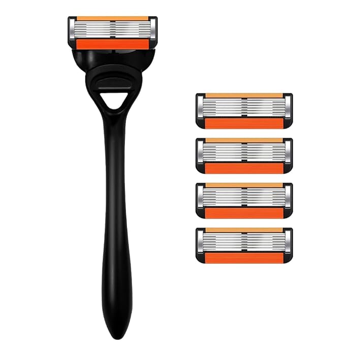 Men’s Cartridge Razors with 4 Replacement Cartridges,Pivoting Head, 6 Flex Stainless Steel Blades & Lubrication Strip for Smooth Shaving - Precision Engineered for Daily Use and Travel