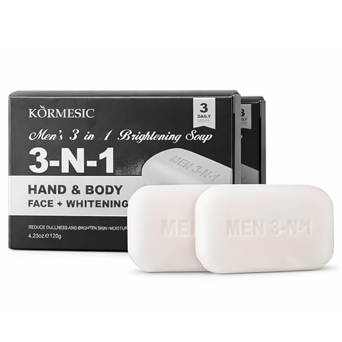 3 in 1 Men's Bar Soap, Natural Herb-Infused Scent, Moisture-Rich pH Balanced Cleanser for Face Body Hand, Hypoallergenic Vegan Whitening Soap for All Skin Types(4.23oz, 2-Pack)