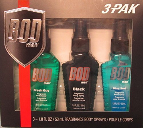 Bod Man Black by Parfums De Coeur -- Gift Set - Three 1.8 oz Body Sprays Includes Bod Man Black + Fresh Guy + Blue Surf for Men