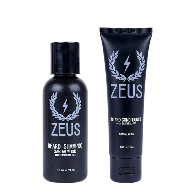 ZEUS Travel Beard Shampoo & Conditioner Combo for Men, Grooming Set with Green Tea & Essential Oils, Softens, Hydrates & Moisturizes Facial Hair (Made in USA) Sandalwood