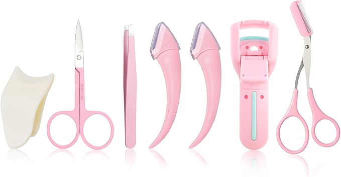 ONEUPIN 7-Piece Professional Eyebrow Grooming Kit with Razor, Tweezer, Eyelash Curler, False Eyelash Tool, Scissors, Comb - Women's Kit (Pink)