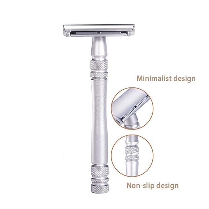 Men's and Women's Manual Razor Safety Razor with 10 Double Edge Blades, Double Edge Razor, Eco-Friendly, Smooth Close Shave, Plastic-Free, Easy to Carry for Traveling at Home (Silver)
