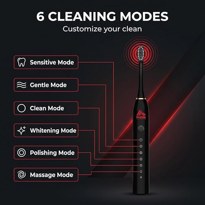 RBX Sonic Electric Toothbrush - Rechargeable Electric Toothbrush with 8 Brush Heads, Compact Travel Toothbrush, Ergonomic Handle, 6 Settings