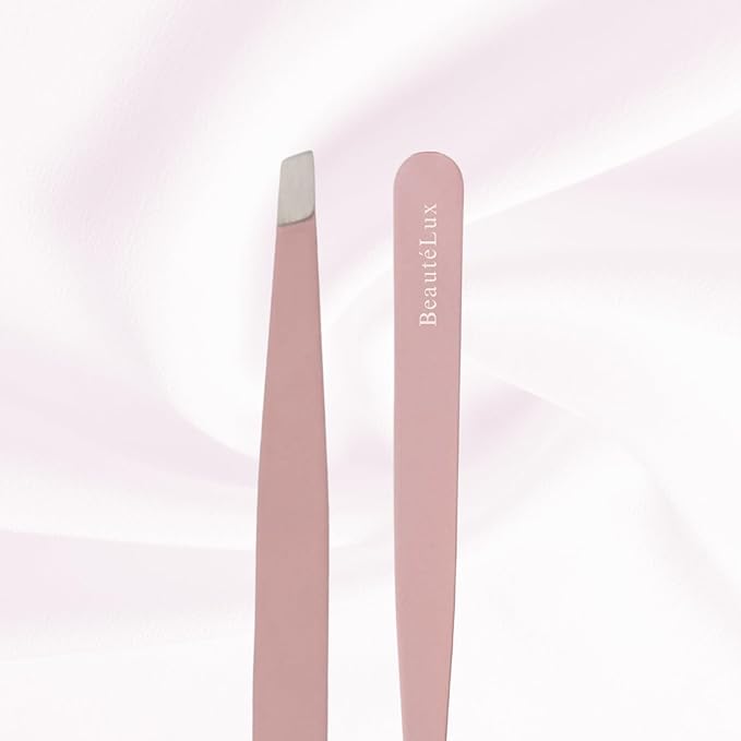 Slant Tip Eyebrow Tweezer for women & men – Stainless Steel Tweezers, Stocking Stuffer for women & men Facial Hair Removal tweezers for Chin hair, Ingrown Hair tweezer, Pink Travel tweezers with case
