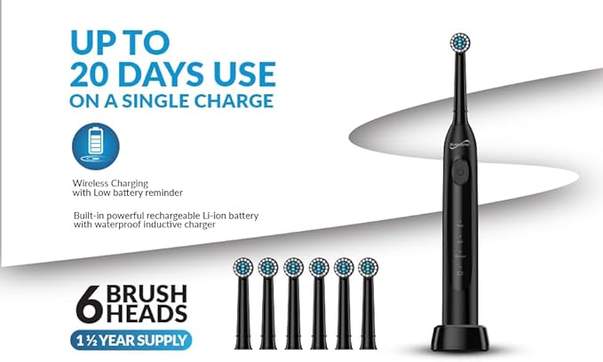Supersonic TB-1000 Sonic Zoom+ Advanced Rotating Electric Toothbrush | 8,800 OPM | Wireless Charging | 3 Cleaning Modes | 6 Brush Heads | Auto Timer | Travel Case | Black