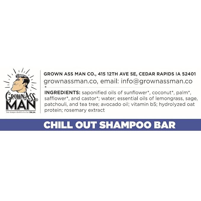 Grown Ass Man Co. - Solid Shampoo Bar Rich Lather 3 in 1: Hair, Beard & Body Wash - Plastic Free & Eco-Friendly, Natural & Organic Clean for All Hair Types, 4oz Bar (Chill Out, Single)