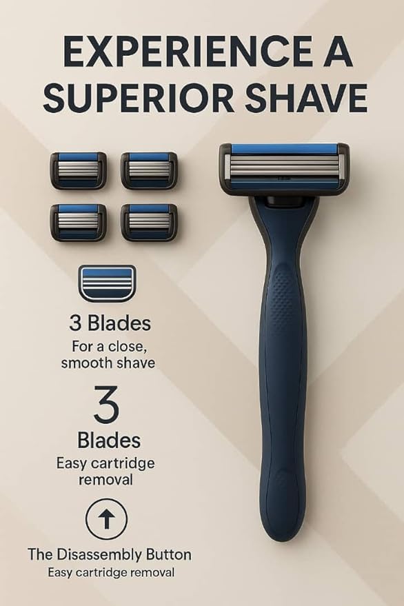 Men’s Razor System – Pivoting Triple-Blade Handle with Aloe Lubricating Strip, Nano-Coated Blades, Anti-Slip Grip + 4 Replacement Cartridges