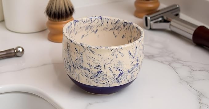 ETROVES Ceramic Shaving Bowl | Scuttle Leather Bowl for Men, Easy Leather Soap Bowl, 4 Inch, White Blue