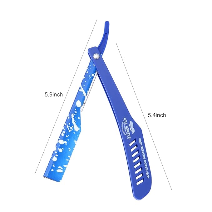 Professional Straight Razor Holder for Barbers – Folding Shaving Razor Handle, Stainless Steel Blade Compatible, for Barber Shop & Home Grooming (Blue)