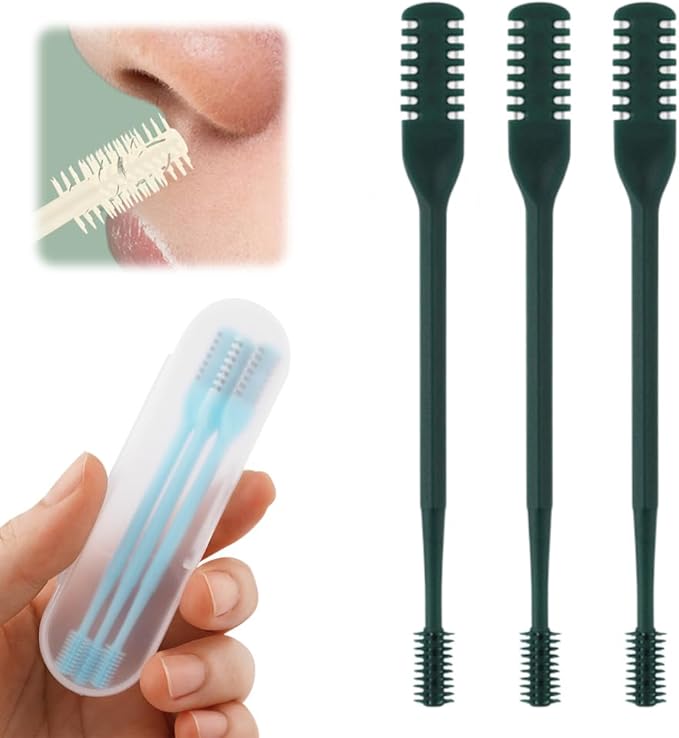 2-in-1 Nasal Hair Cutter, 2025 Upgrade 360° Rotating Nose Hair Trimmer with Double-Sided Blade & Ear Pick, Manual Nostril Hair Removal Tool for Men and Women, Soft Cleaning Brush (Dark Green, 3PCS)
