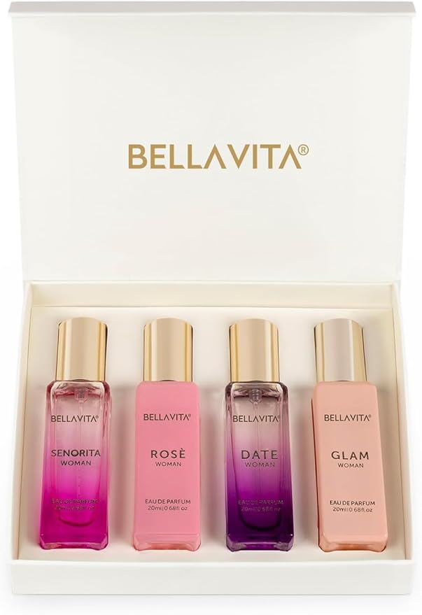 BellaVita Luxury Women's Perfume Gift Set | 4x20ml | Notes of Floral, Sweet, Spicey Red Fruit, Vanilla & Musk | DATE, SENORITA, GLAM & ROSE | French Parfum Collection Gift Set