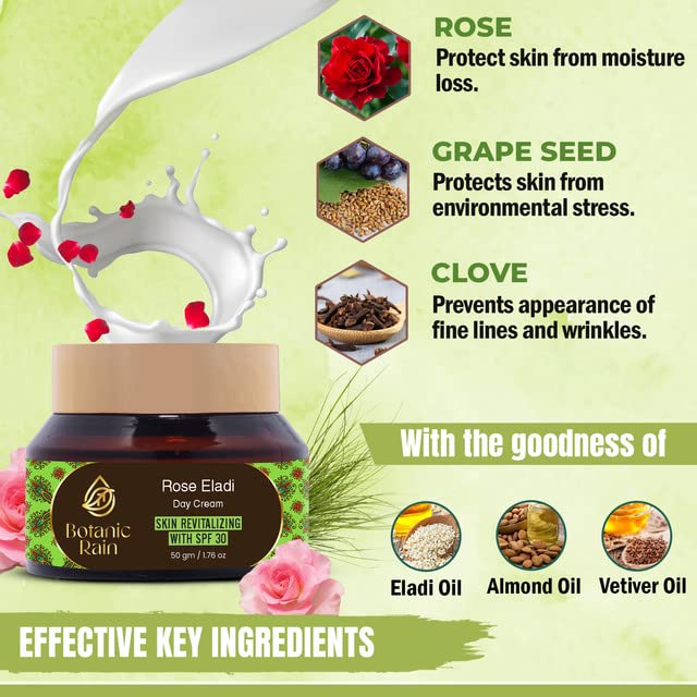 Natural Face Moisturizer With SPF 30 With Rose And Eladi, Organic Sunscreen For Face, Ayurveda Products For Crepey Skin Repair, 1.76 fl oz (Pack of 1)