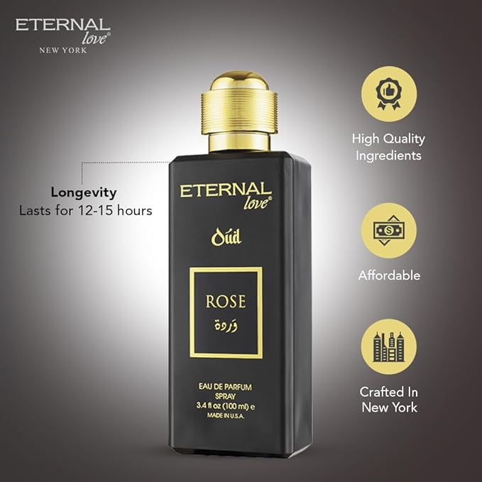 Eternal Love Rose Oud - Long Lasting Unisex Eau de Parfum - Romantic Floral Oriental Fragrance with Oud & Rose - Dubai Inspired Arabic Scent - 3.4oz