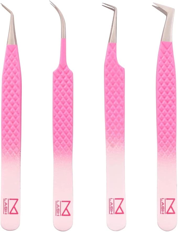 M LASH Tweezers for Eyelash Extensions (Set of 4) - Professional Lash Extension Tweezers - Fiber Tip, Japanese Steel, Diamond Grip Eyelash Extension Tweezer set (Ombre)
