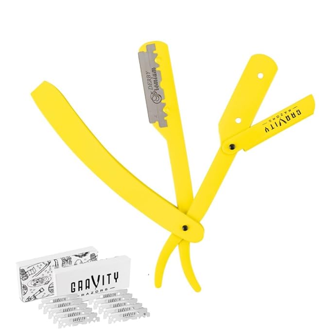 GRAVITY RAZORS Professional Straight Razor Kit – Minimal Exposure, Includes 10 Premium Blades, 0.5mm Exposed, Yellow