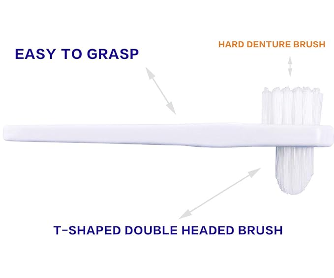 OASISGUEST Denture Cleaning Brush Set, T-Shaped Special Toothbrush, Hard Toothbrush, for Denture Care (Blue, Red, White, 3 Count (Pack of 1))
