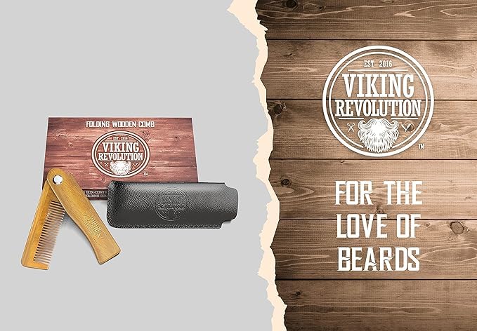 Folding Beard Comb w/Carrying Pouch for Men - All Natural Wooden Beard Comb w/Gift Box - Green Sandalwood Comb for Grooming & Combing Hair, Beards and Mustaches by Viking Revolution