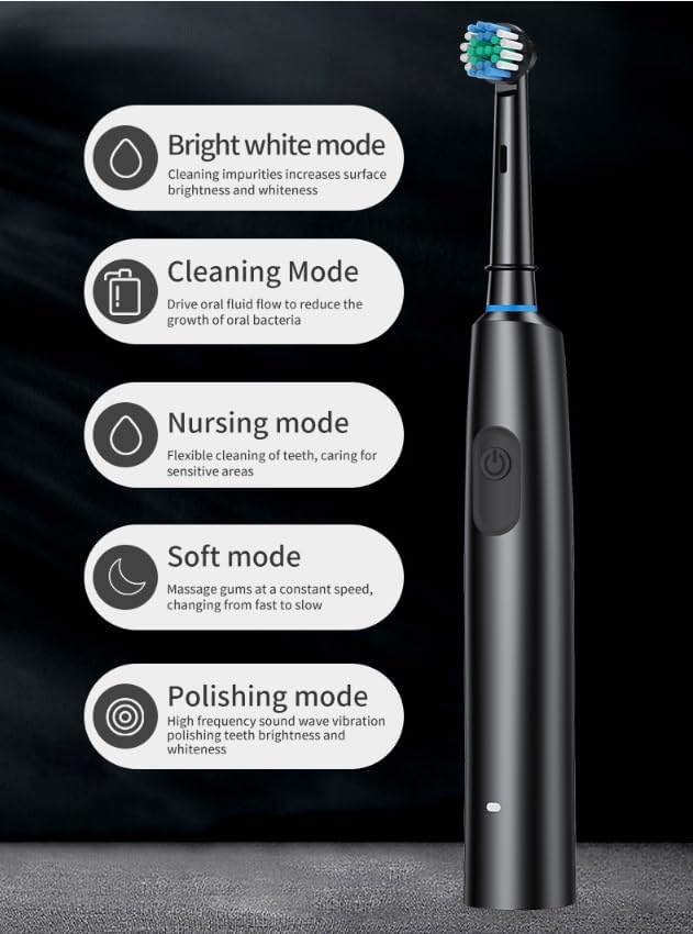 Magnetic Suspension Rotating Electric Toothbrush, 5 Modes Waterproof Sonic Cleaning, 8 Brush Heads and Storage Case for Traveling, Camping, Riding (Black)