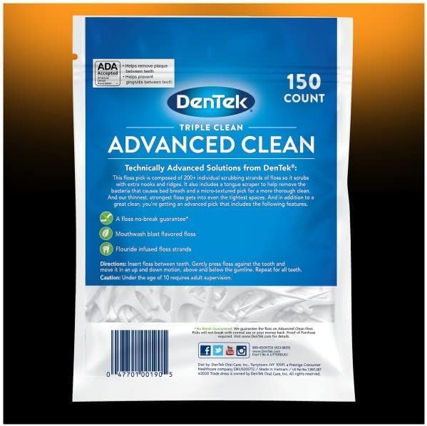 DenTek Triple Clean Advanced Clean Floss Picks, No Break & No Shred Floss, 150 Count (Pack of 10)