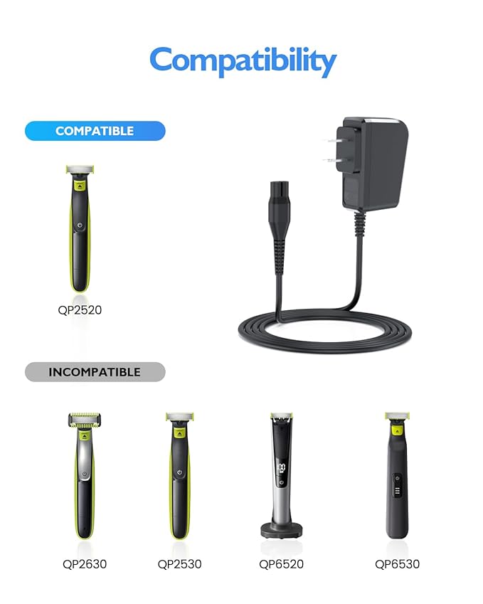 4.3V A00390 Power Cord Fit for Philips Norelco Oneblade QP2520, Multigroom Series MG3740 Trimmer Electric Shaver Razor Charger, Check Connector Before Purchase