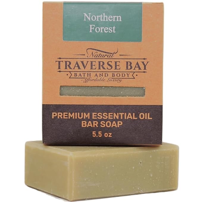 Traverse Bay Bath and Body Natural Cold Process Soap Rugged 4-Bar Variety Pack, Pine Tar, Eucalyptus Mint Charcoal, Northern Forest, Workshop Pumice 5.5 oz Each, 22+ oz Total