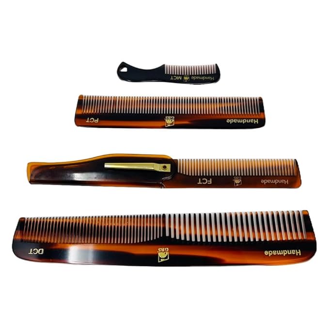 Handmade Tortoise Shell Comb Set – Pack of 4 Premium Fine-Tooth Combs for Men & Women – Includes Pocket, Folding, Dressing & Mustache Combs – Stylish Hair & Beard Grooming Kit