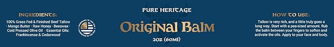 Pure Heritage Original Tallow Balm – Grass-Fed Moisturizer for Sensitive, Dry & Irritated Skin | Natural Frankincense & Cedarwood Balm for Face, Hands & Body | Family-Safe Hydrating Cream | 4oz