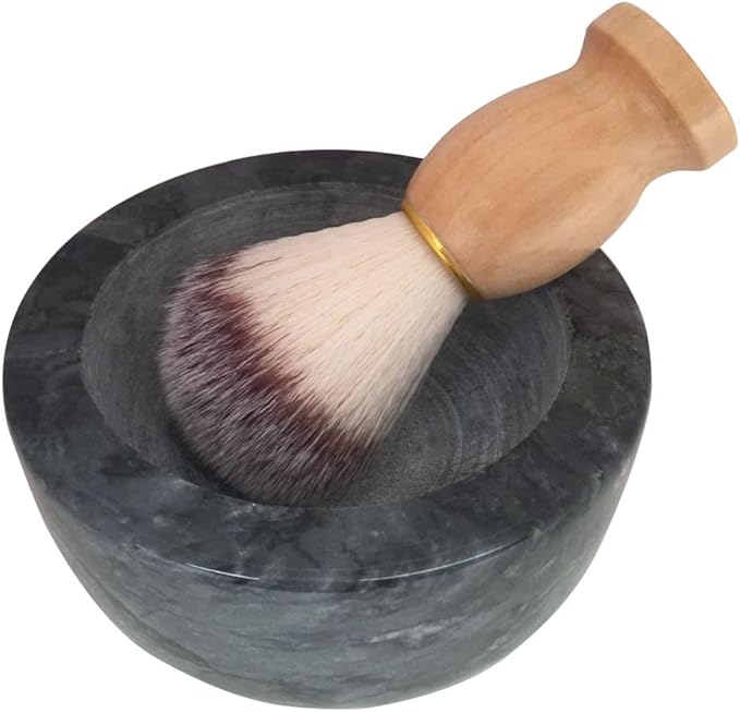 Marble Shaving Bowl，Handcrafted Black Marble Later，Shaving Soap & Cream Bowl for Men，Lather Mug with Interior Grooves Builds a Rich.
