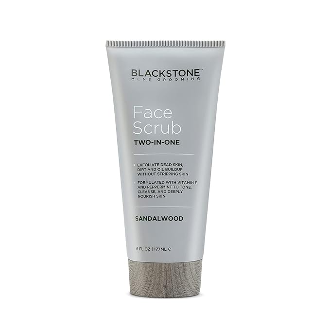 Blackstone Men's Grooming 2-in-1 Facial Scrub & Shave Gel with Vitamin E & Peppermint - Cleanse & Exfoliate | Hydrates Skin After Shaving | Paraben & Cruelty Free | USA Made, Sandalwood (6 oz)