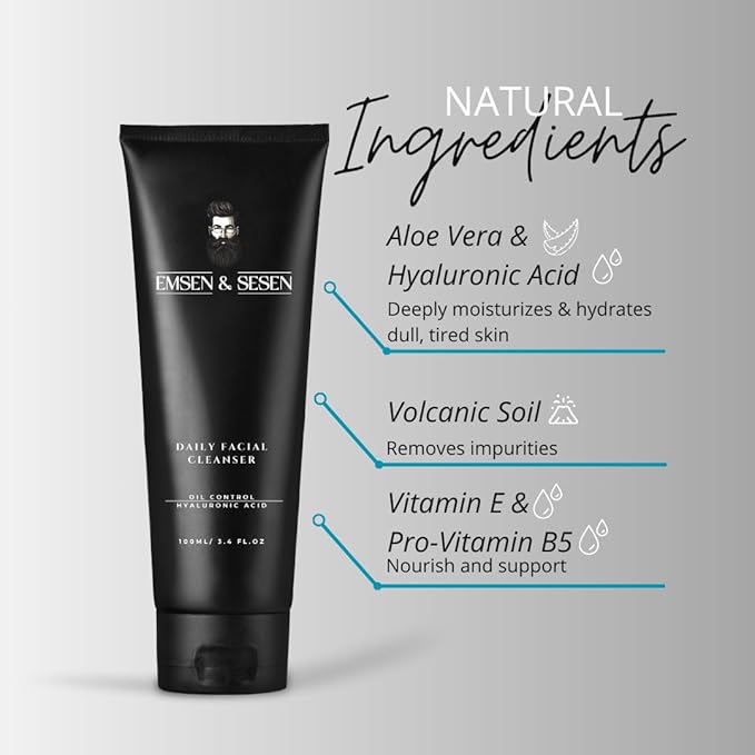 EMSEN & SESEN Men’s Face Wash Daily Cleanser Deep Cleansing & Hydrating for Oily Dry Sensitive Skin - Volcanic Soil Aloe Vera Hyaluronic Acid Panthenol - 3.4 oz