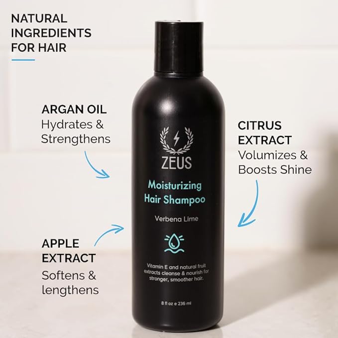 ZEUS Daily Moisturizing Shampoo for Men with Natural Fruit Extracts to Cleanse, Strengthen, Hydrate, Nourish and Smooth Hair for Lasting Strength & Shine (Made in USA) 8 oz.