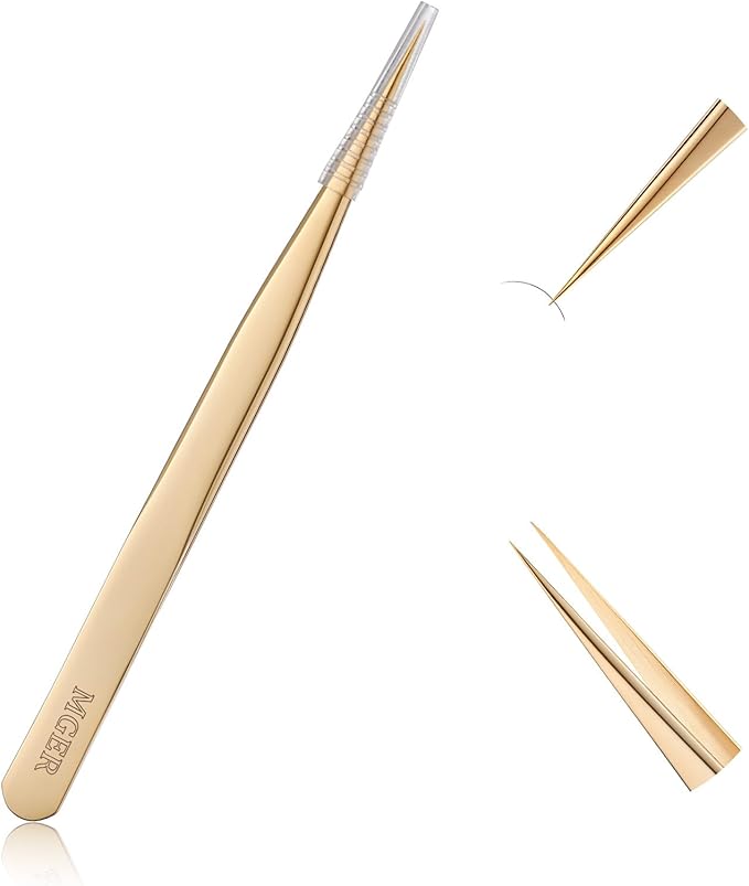 MGER Isolation Tweezers for Eyelash Extensions - Straight & Pointed Isolation Tweezers for Individual Lashes, Effortless Application with Precision Tweezers, Gold