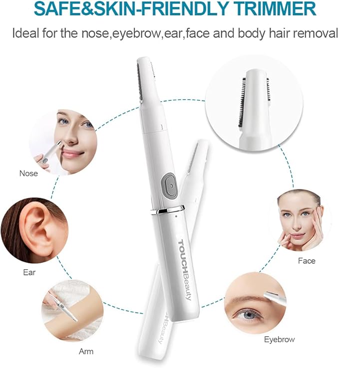 TOUCHBeauty Face Eyebrow Nose Ear Hair Trimmer, All-in-ONE Hair Remover for Women & Men, Dual Blades Shaver Battery Powered Upgraded Version TB-1458(White)