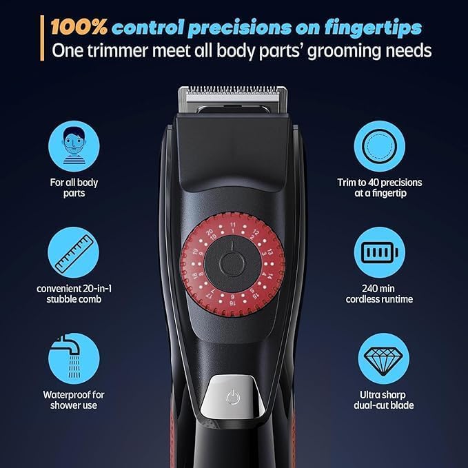 Beard Mustache Trimmer with 3 Attachments, 40 Adjustable Precisions, Waterproof, 240 Min Runtime - Personal Body Hair Trimmer for Men & Women Gift Choice