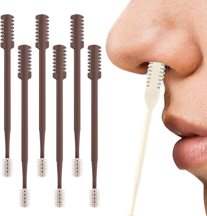 2-in-1 Nasal Hair Cutter, Nose Hair Trimmer for Men Women, 360° Rotating Portable Manual Nose Hair Remover Tool with Ear Picker, Double Sided Noses Hairs Knife Travel Essentials (Coffee, 6PC)