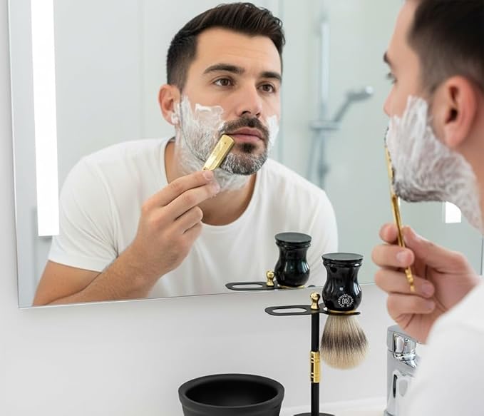 Shaving Gift Set for Men | 6 Pc Luxury Gold Shavette Razor & Matte Black Shave Kit | Perfect Holiday Present for Him, Husband or Boyfriend Father Christmas Gift 100 Blades Brush Stand Bowl Soap