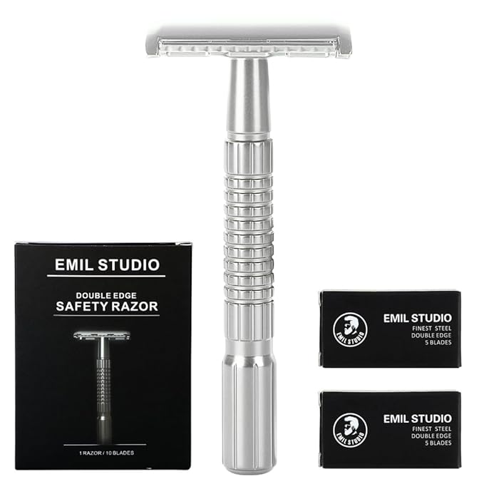 CLASSIC Double Edge Safety Razor with NONSLIP Handle, 10 Swedish Platinum Coated Blades Refills