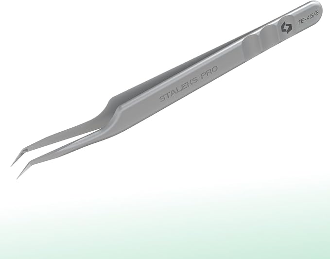 STALEKS PRO Expert 45 Type 8 Professional Eyelash Tweezers (Mini L-Shaped) – Stainless Steel with Nano-Notches for Volume & Mega-Volume Lash Extensions