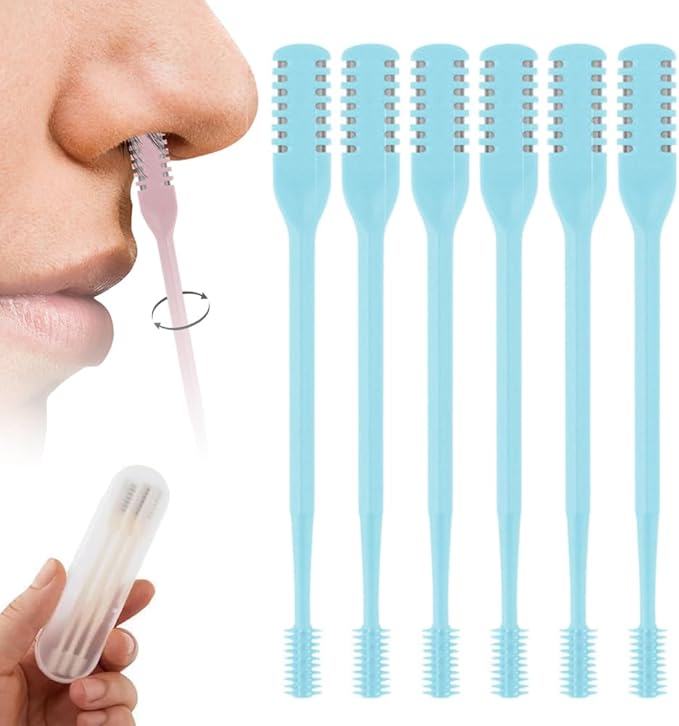 2-in-1 Nasal Hair Cutter, 2025 Professional Nose Hair Trimmer with 360° Rotation & Ear Picker, Dual-Blade Manual Nasal Grooming Tool with Soft Cleaning Brush for Men and Women (Blue, 6 PCS)