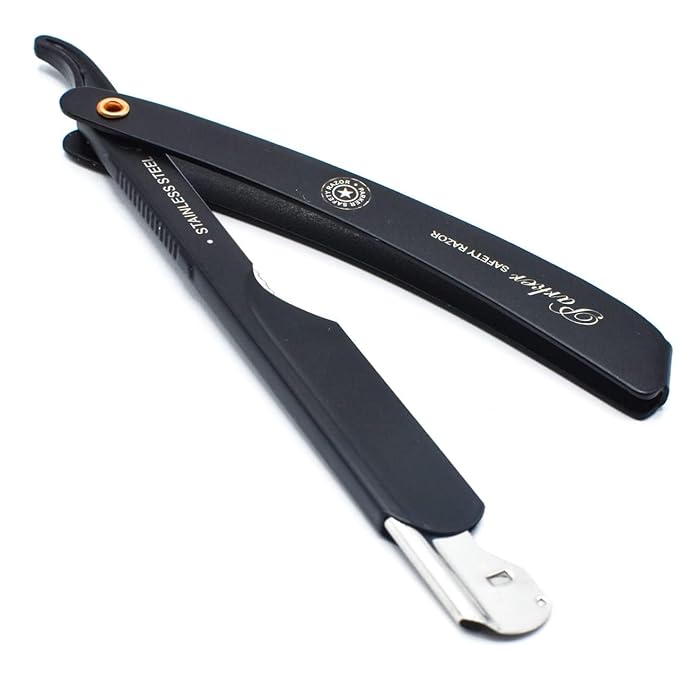 Parker PTABK Adjustable Stainless-Steel Barber Razor | 3 Blade Exposures (Low/Medium/High) | Straight Shavette with 5 Premium Platinum Refills | Black Stainless Steel Handle