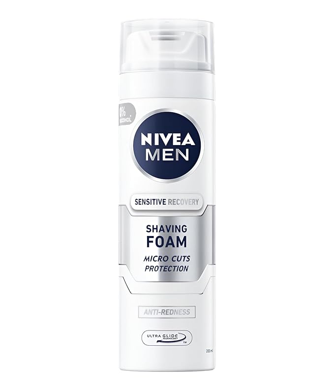NIVEA MEN Sensitive Recovery Shaving Foam for Men 200 ml Gentle Razor Foam for Sensitive Skin Alcohol-Free Comfort Shave, Beard Softening, Ultra Glide Technology, Daily Grooming Care